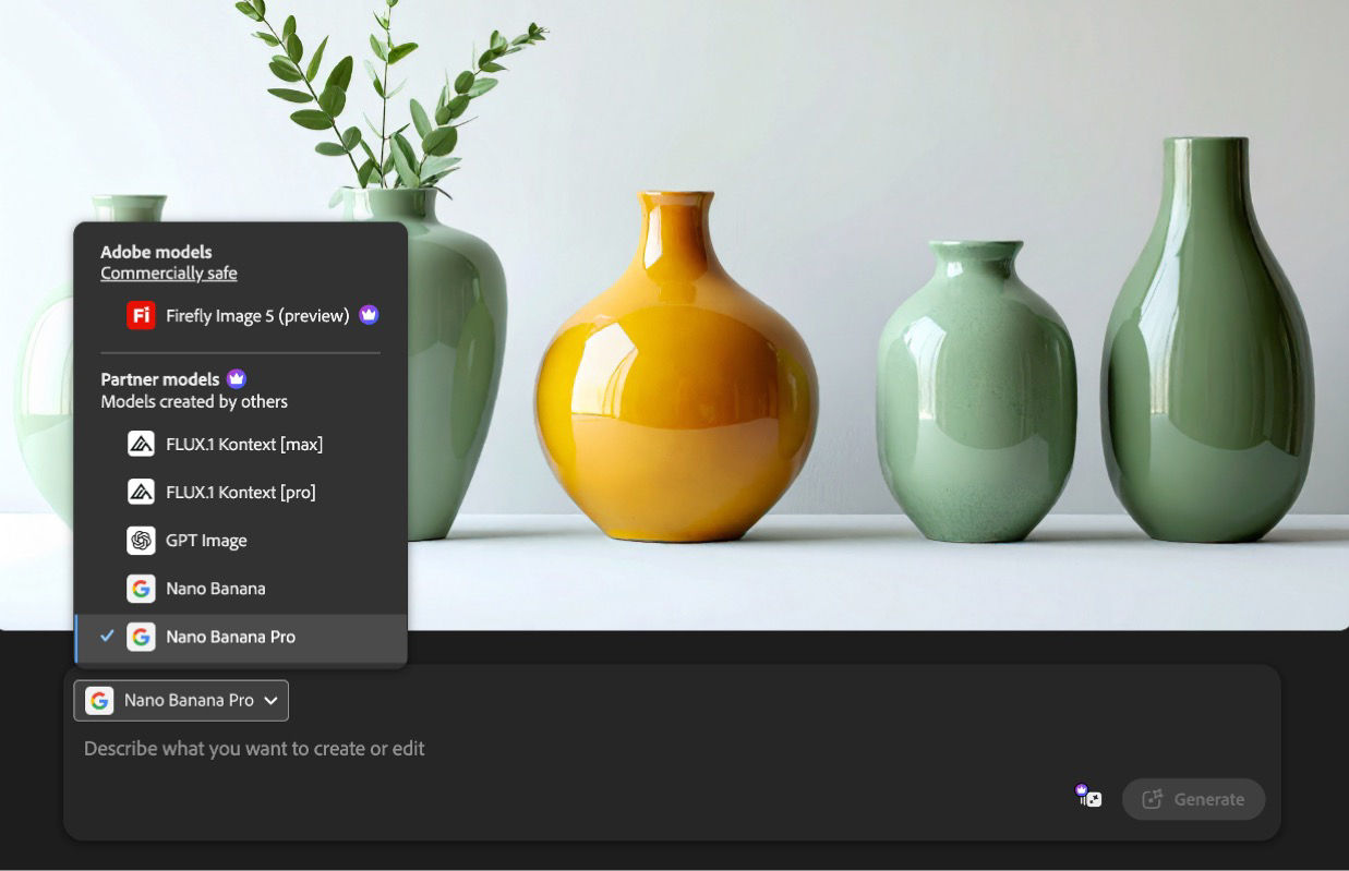 The expanded Models dropdown lists partner image models as well as Firefly to select from.