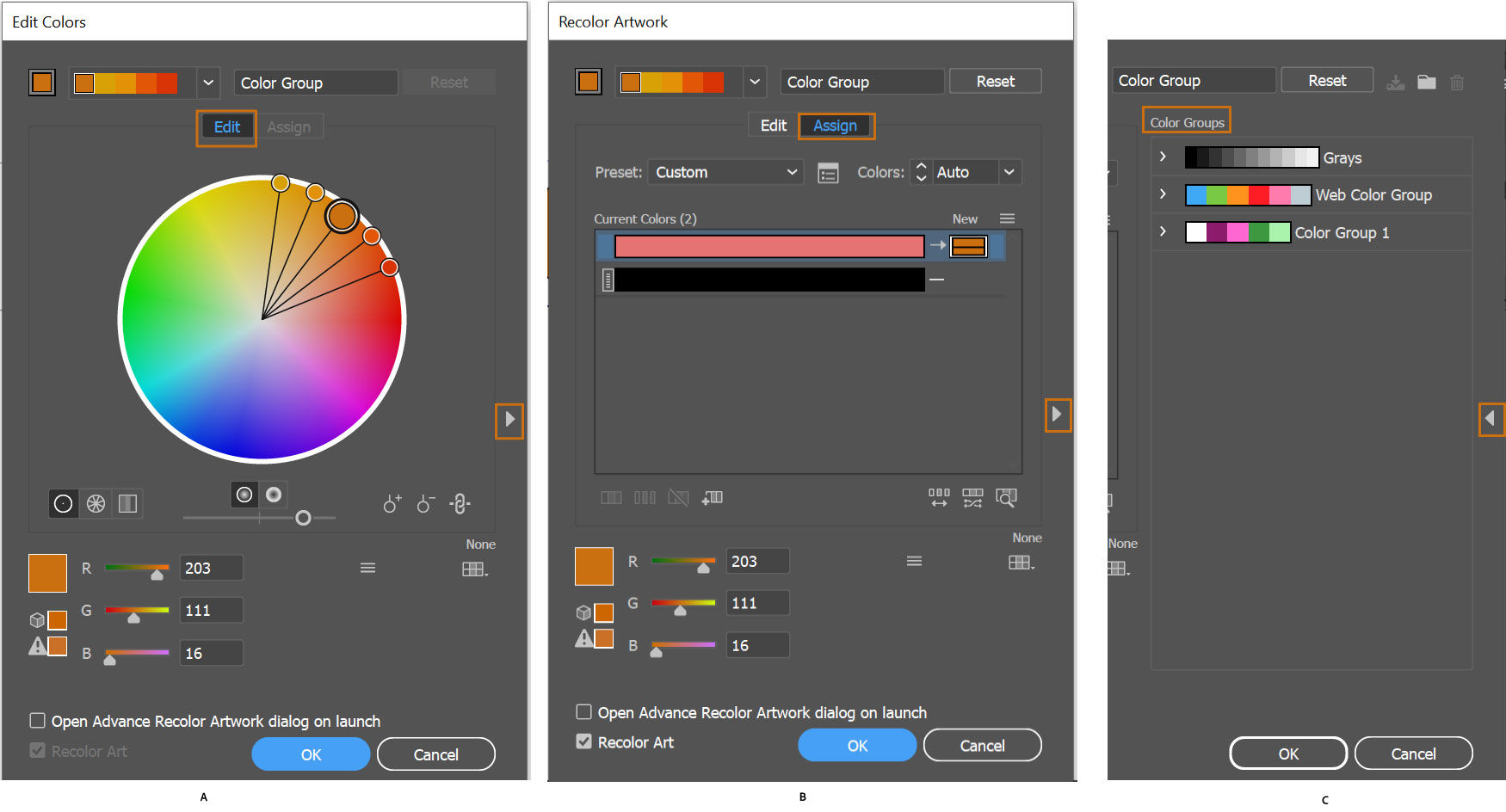 edit-assign-color group dialog boxes
