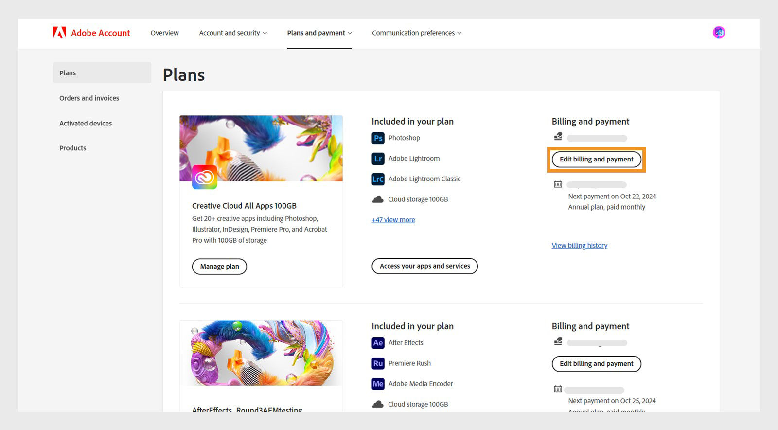 The plans window showcases all plan-related information including the Edit billing and payment button.