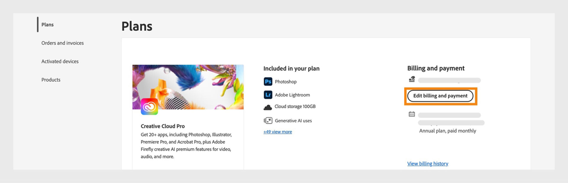 Adobe Account Plans page showing the Creative Cloud Pro plan details and the Billing and payment section with the “Change payment” button.