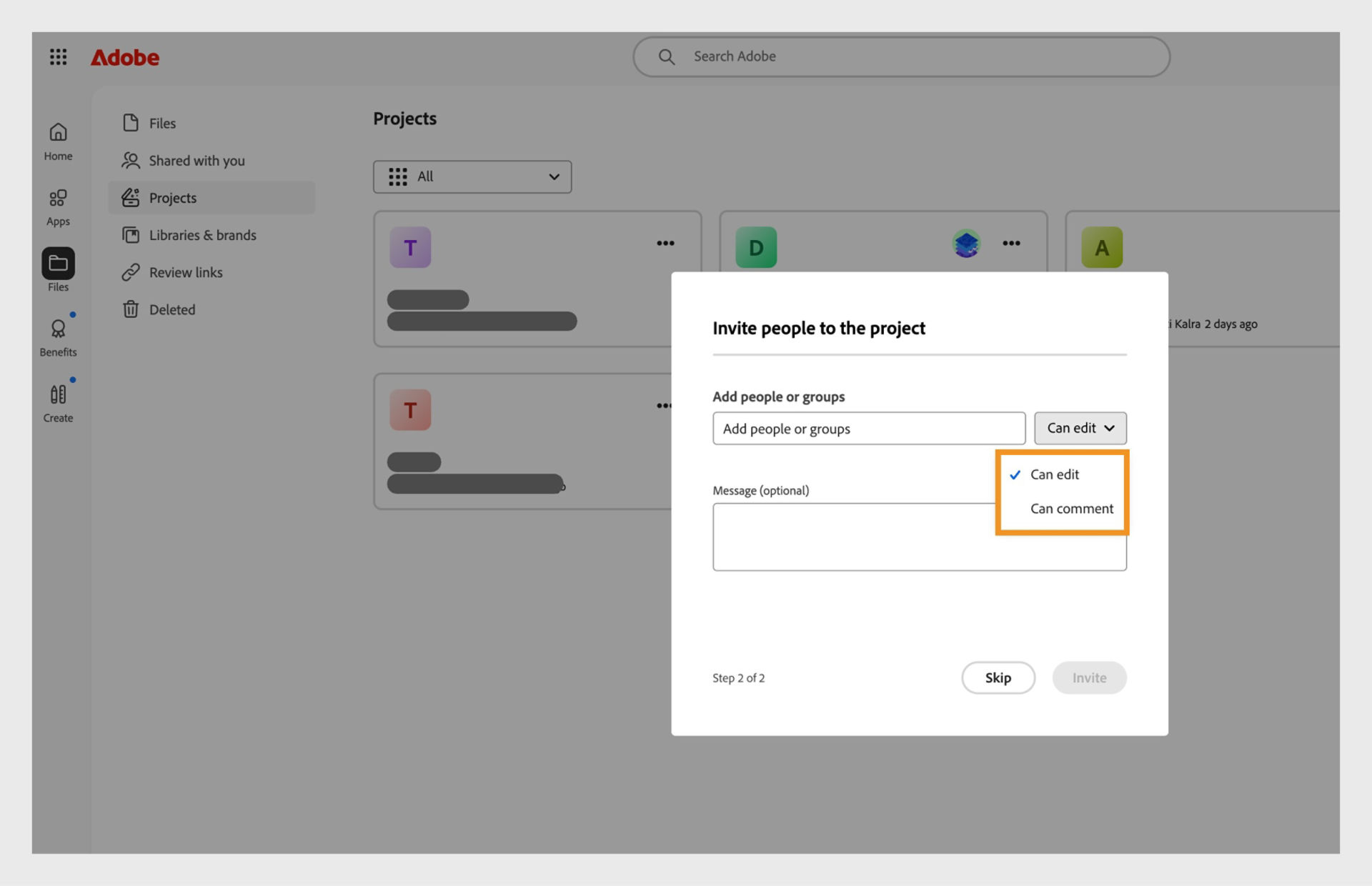 Adobe Projects interface displaying the 'Invite people to the project' dialog box, with fields to add collaborators, an optional message, and permission settings such as Can edit and Can comment.