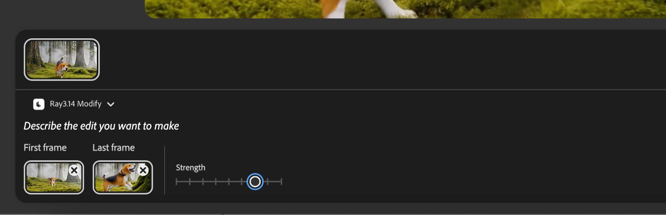 The First frame and Last frame are added, and the Strength slider is highlighted to adjust the adherence of the generated output to the uploaded frames.