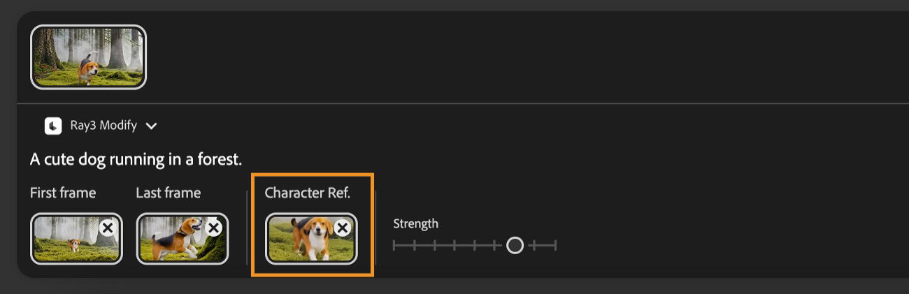 The Character reference is selected, and a dog's image is added to maintain the character's appearance consistency while modifying the video.