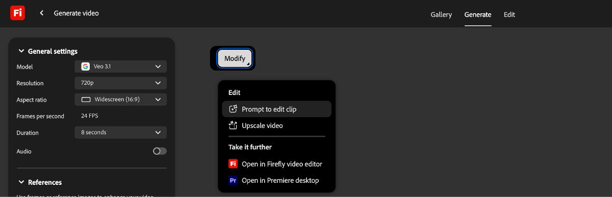 The options to edit the video are displayed when you hover your cursor over the generated video.