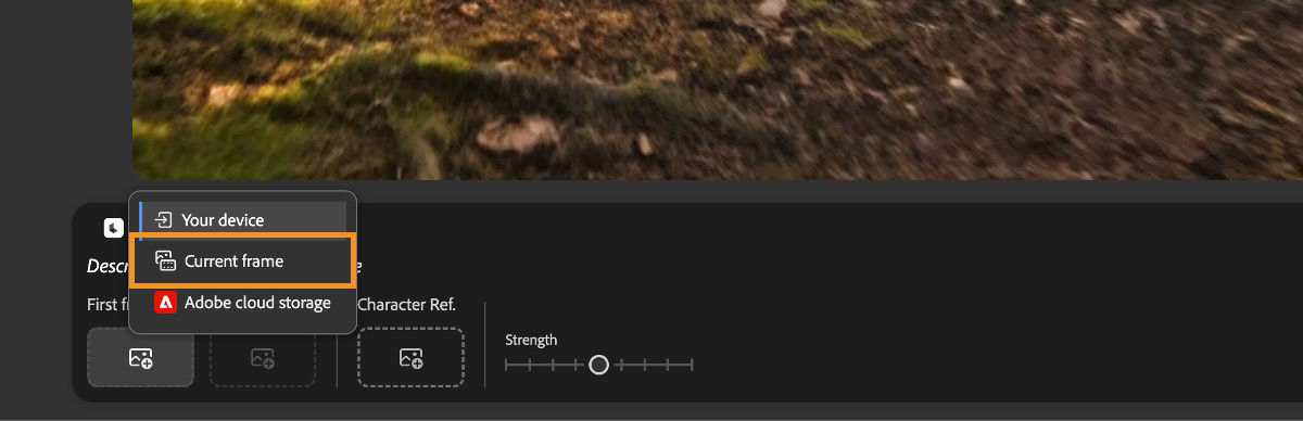 The First frame menu shows the options to add an image from Your device, use the Current frame, or Adobe cloud storage.