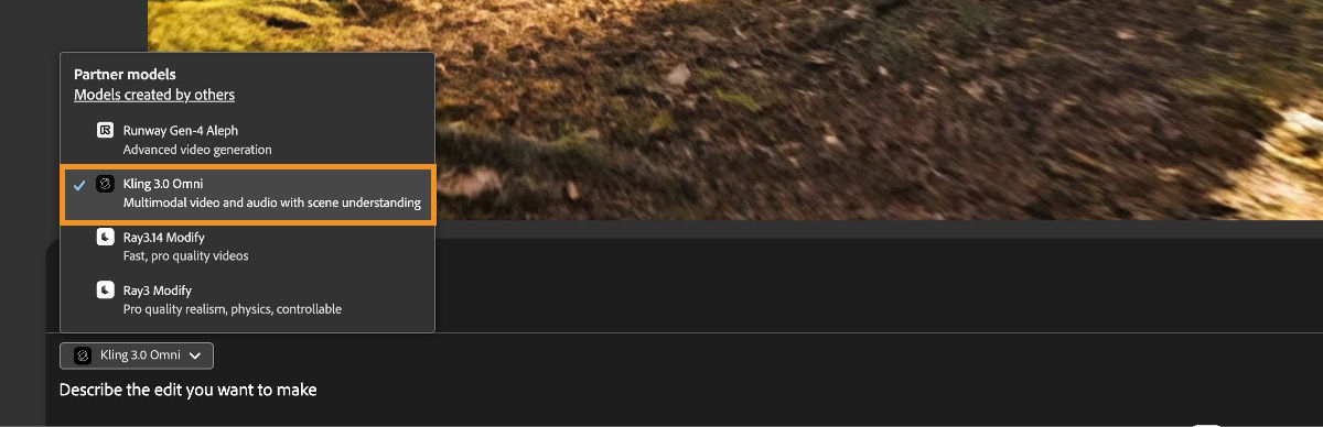 The model dropdown menu is open, and a partner video model is selected to edit the video.