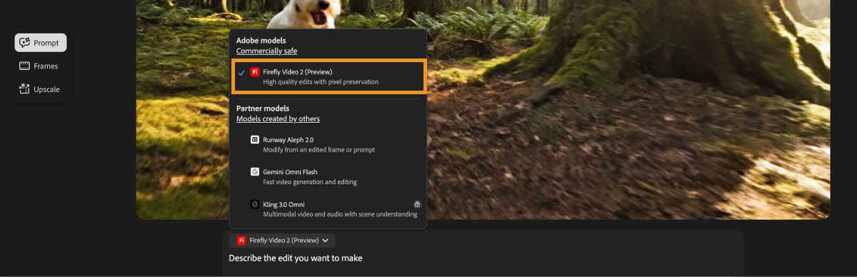 The model dropdown menu is open, and a partner video model is selected to edit the video.