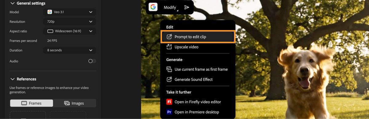 The options to edit the video are displayed when you hover your cursor over the generated video.