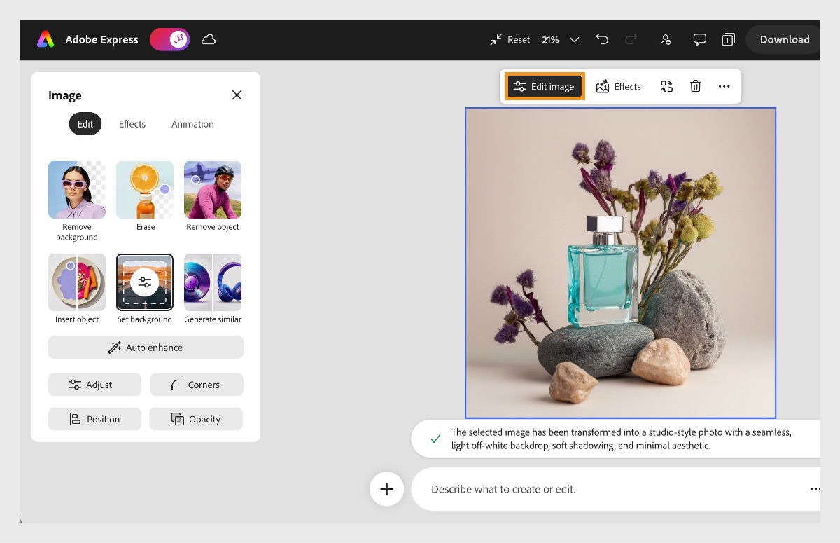 Adobe Express AI Assistant editor with a product image selected, Edit image highlighted from the contextual top menu, and the editing tools panel open on the left.