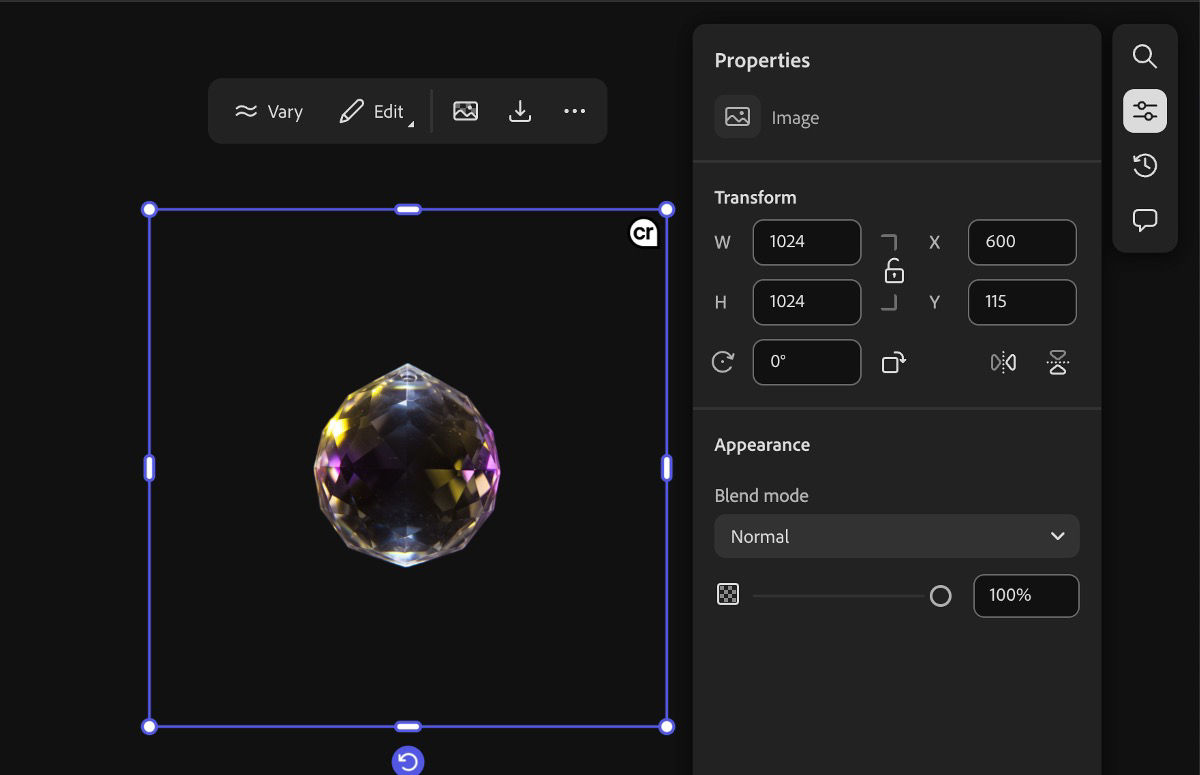 The image in the canvas is selected and the edit options along with the Properties panel is open.
