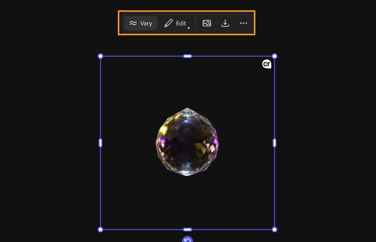 The image on the canvas is selected, and the edit options are available. The Vary option is chosen to reveal the prompt used for image generation and create new set of image variations..