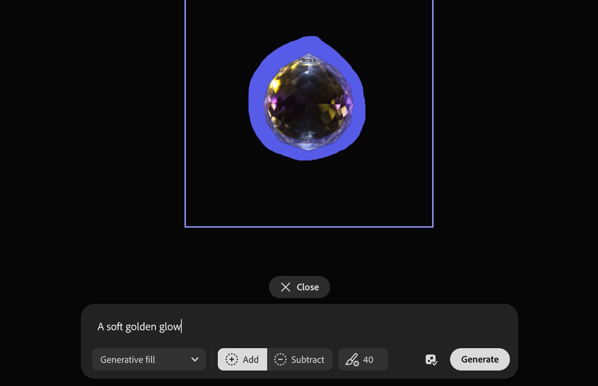 The image on the canvas is selected, and the option to add or subtract highlighted sections using Generative Fill is available.