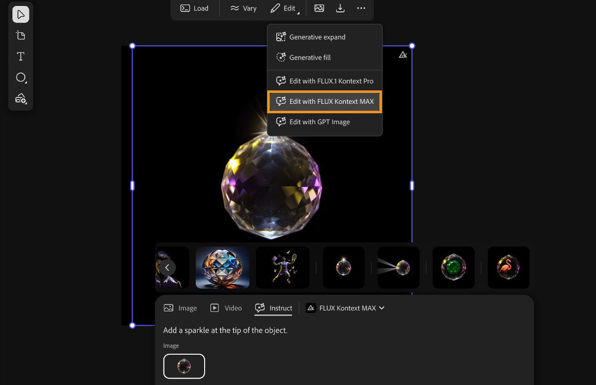 The image in the canvas is selected and from the dropdown menu, the Edit with FLUX Kontext MAX is selected.