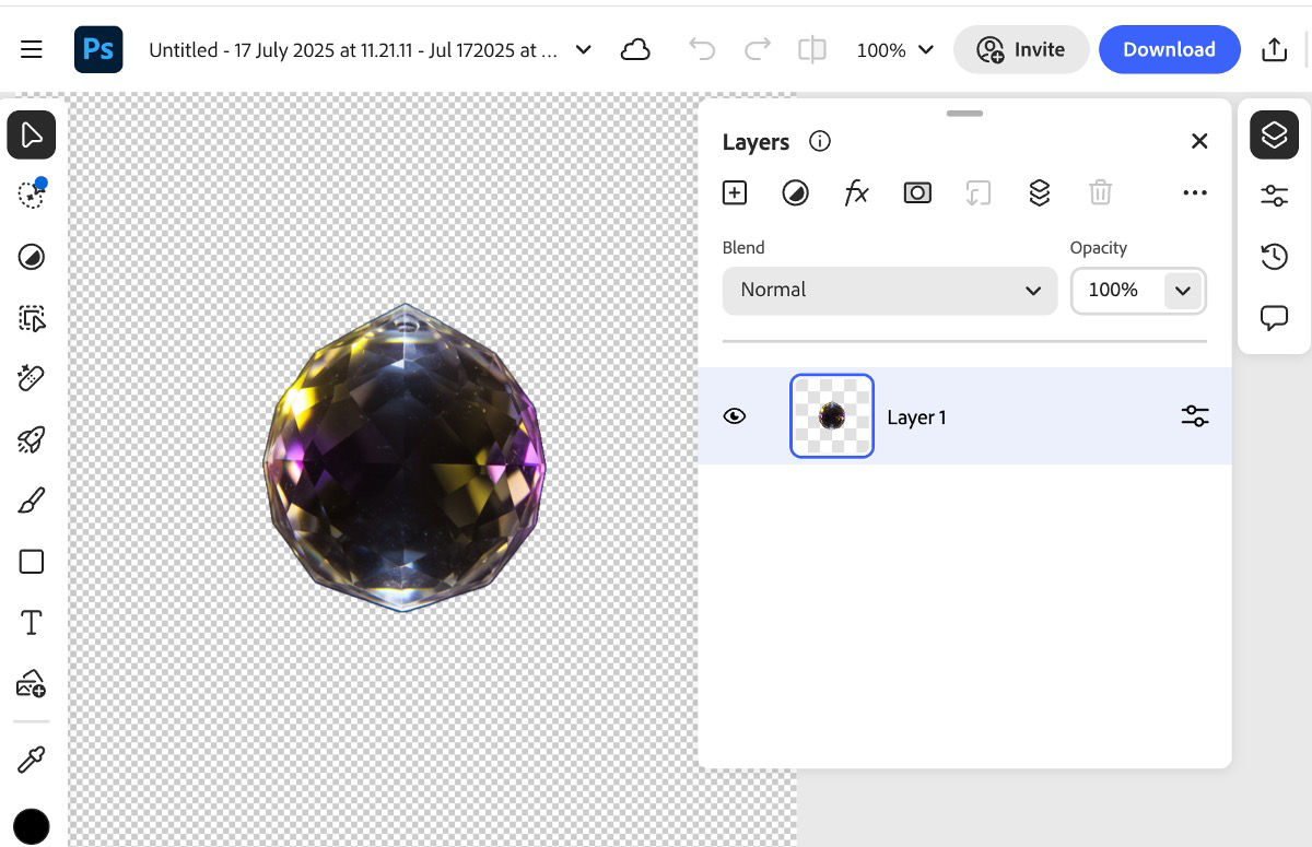 The image from the canvas is opened in Photoshop on the web, where various editing options are available through the controls.