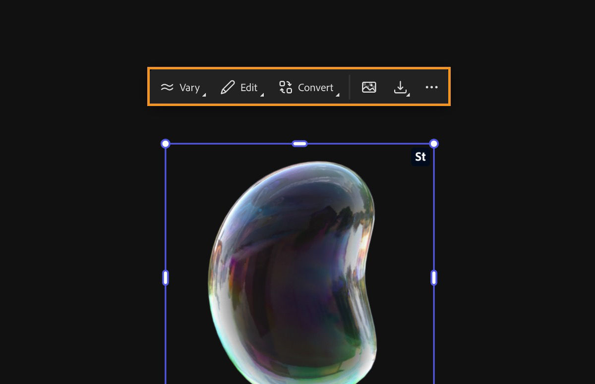 The image on the canvas is selected, and the edit options are available. The Vary option is chosen to reveal the prompt used for image generation and create new set of image variations..