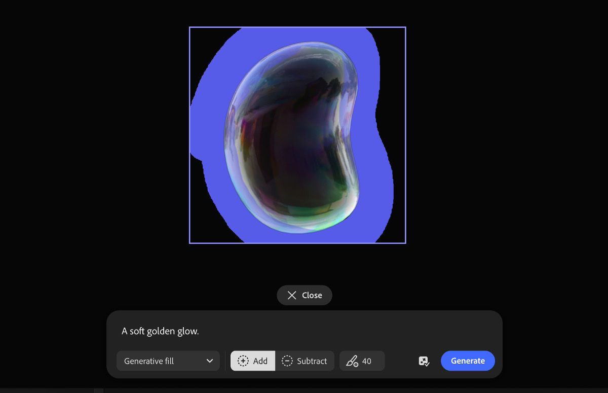 The image on the canvas is selected, and the option to add or subtract highlighted sections using Generative Fill is available.
