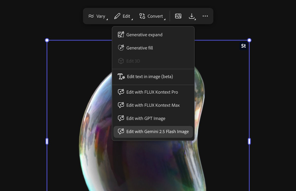 The image in the canvas is selected and from the dropdown menu, the Edit with FLUX Kontext MAX is selected.