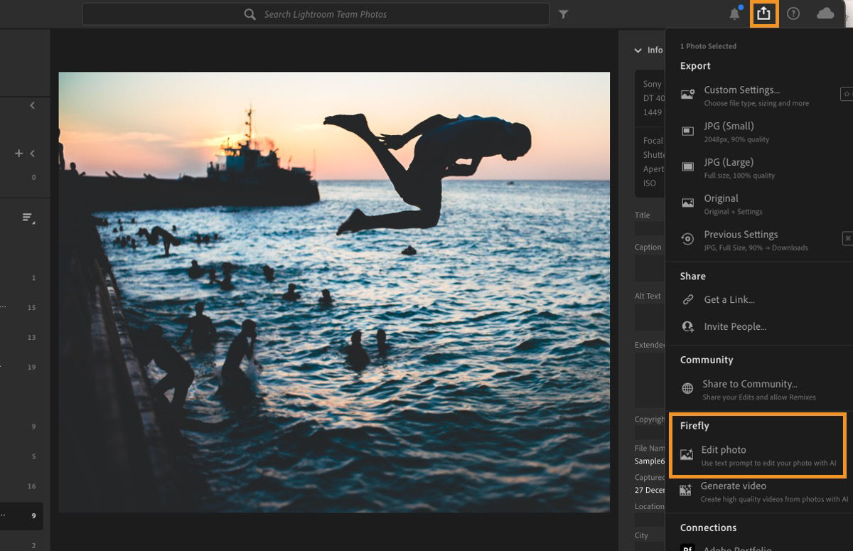 an image of a person diving in the ocean is open in Lightroom with Edit in Firefly option highlighted.