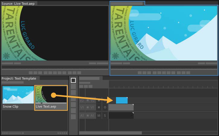 The text layer is dragged to a sequence in the timeline and placed on a track above the video.