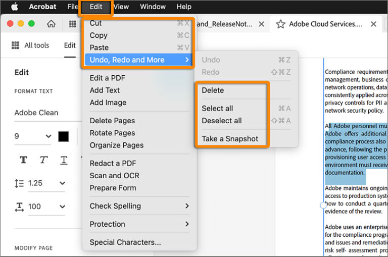 Edit options when you select text