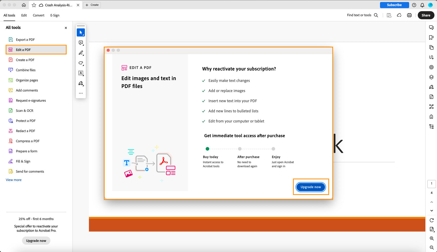 Edit Panel tool is highlighted and a banner to upgrade your subscription is shown