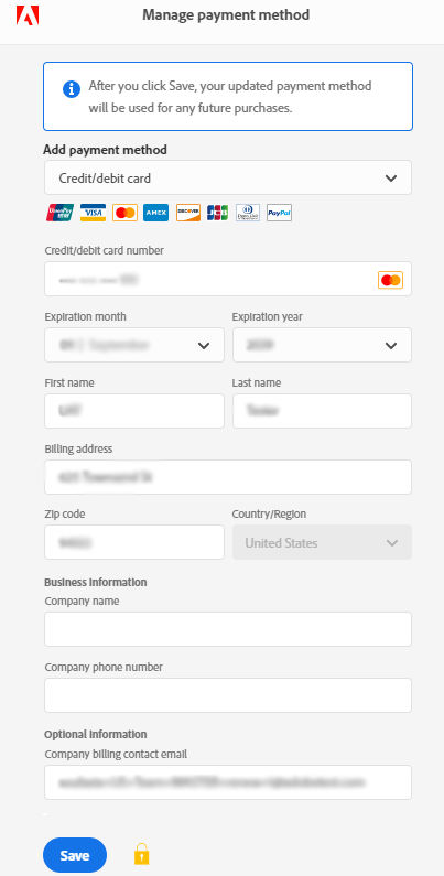 Manage payment method dialog box with credit/debit card selected as the payment method.