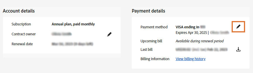 Account overview page with the edit icon for payment method highlighted