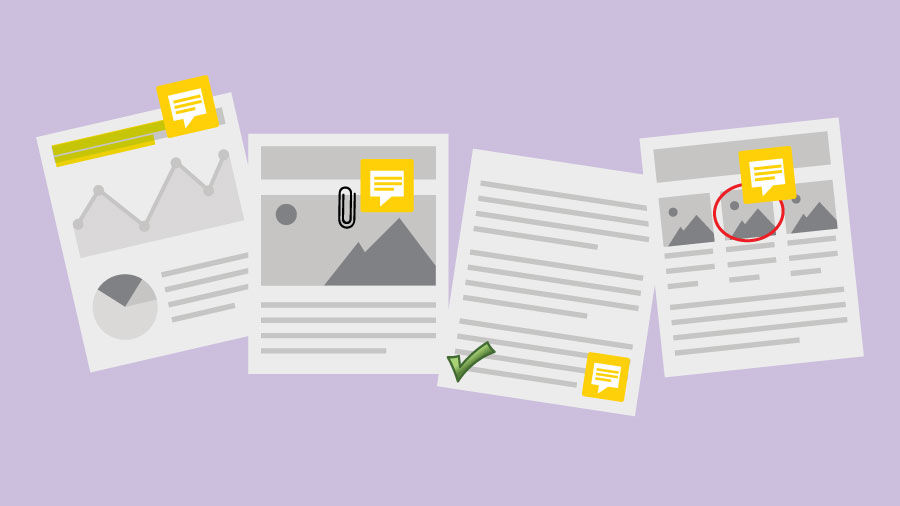 Four documents with various markup icons 