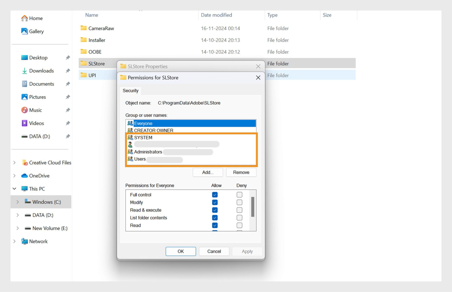 The Permissions for SLStore window showing group or user names, and options to add or remove group or user names, allow or deny permissions, and save or cancel the changes. 