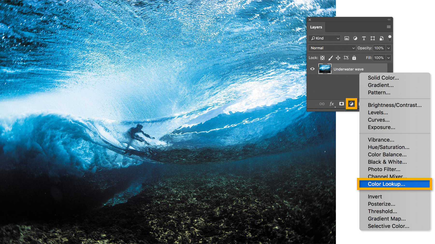 Layers panel is open. Adjustment Layer > Color Lookup option is selected 