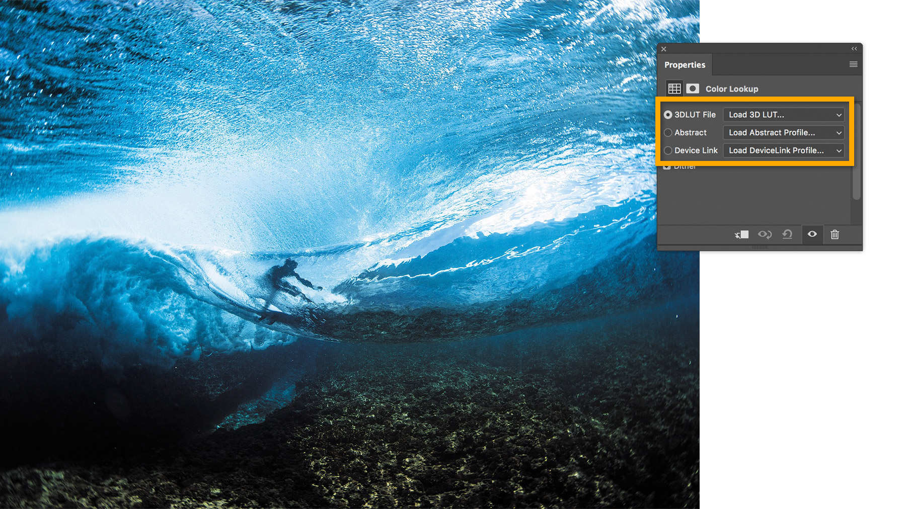 Color Lookup Properties panel is open with 3 options available. Image must be in RGB mode to use 3DLUT option.