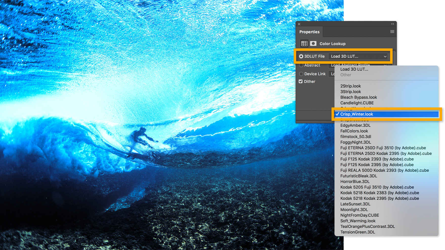 Underwater view of surfer on ocean wave has a bright blue cool tone after applying the Crisp Winter Color Lookup preset