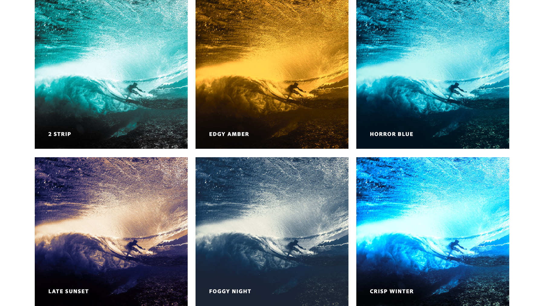 Six versions of the surfer image appear with different Color Lookup presets applied.  