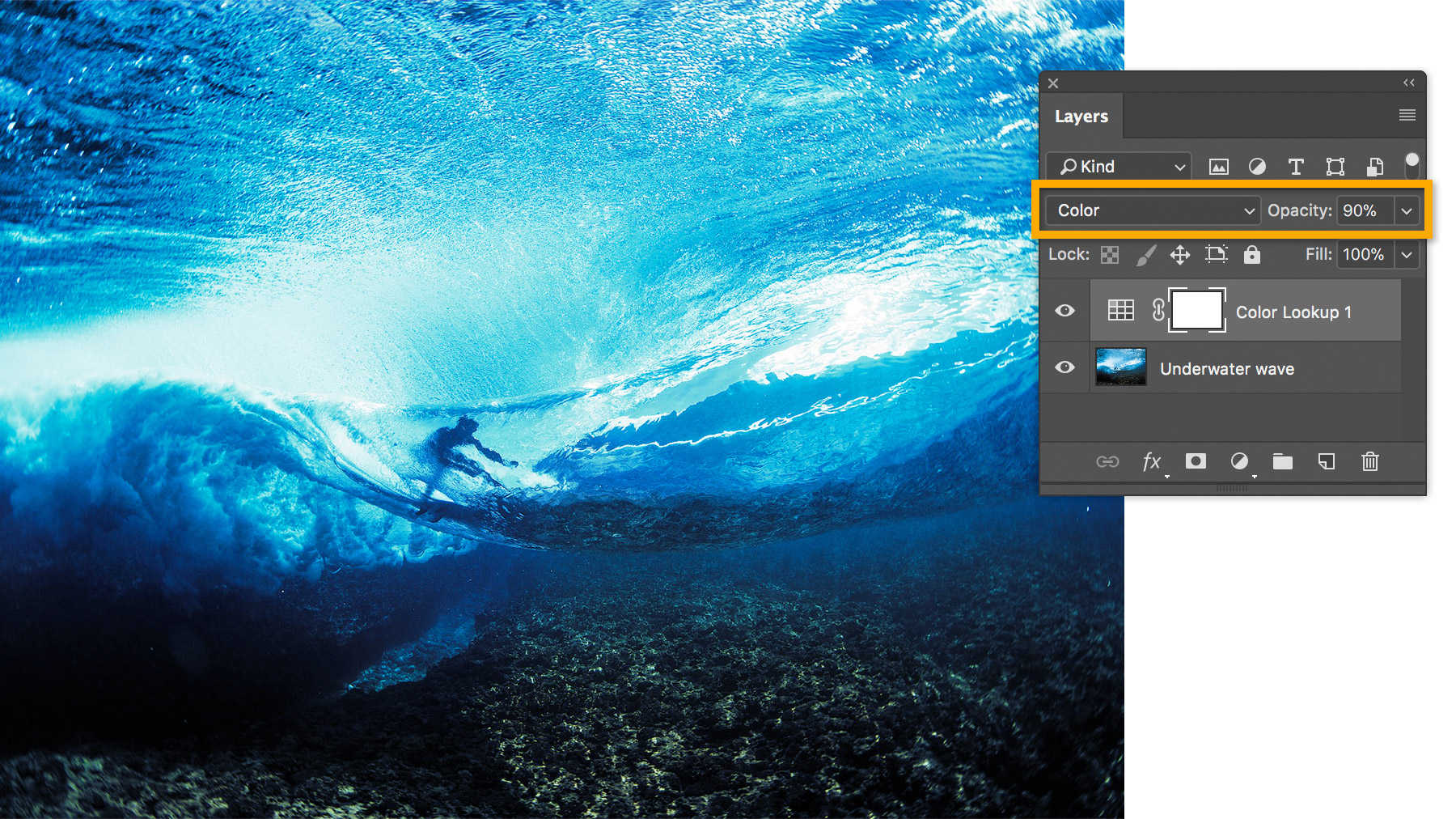 The surfer image is fine-tuned using Layer Blend Mode and Opacity options in the Layers panel