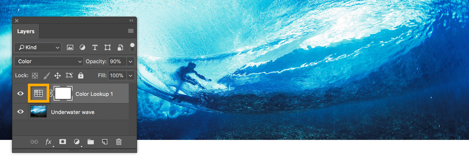 Color Lookup settings are adjusted by double-clicking the icon next to the Color Lookup layer in the Layers panel