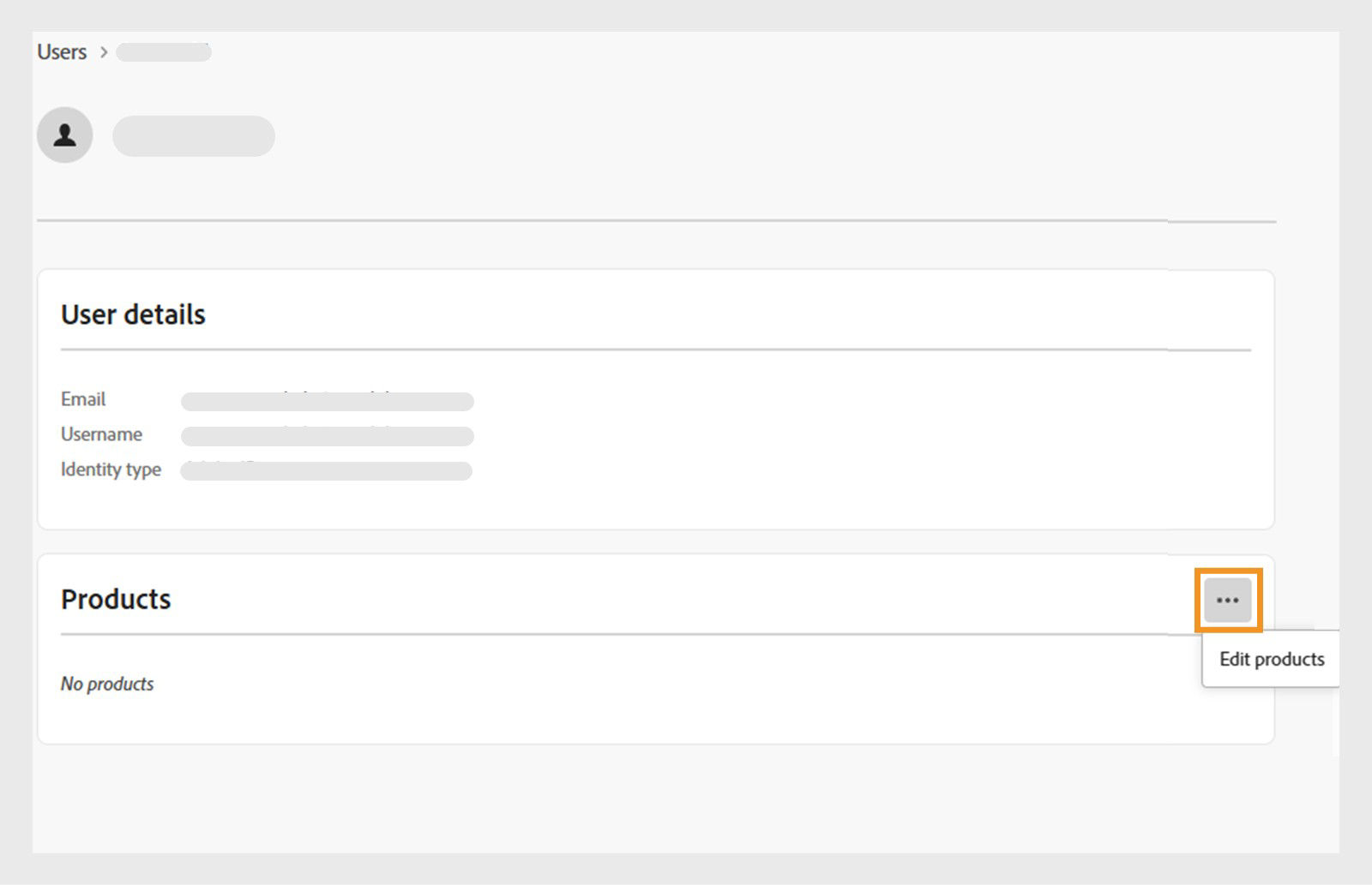 User details scree displaying the edit products option.