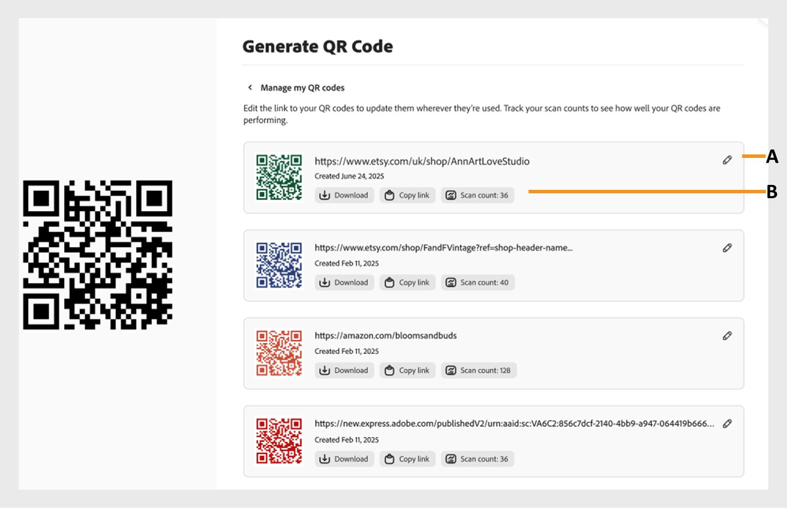 Screenshot of Adobe Express's QR code management dashboard, displaying a large QR code on the left and a list of saved dynamic QR codes on the right, each with associated URLs, creation dates, scan counts, and options to download or copy the link.