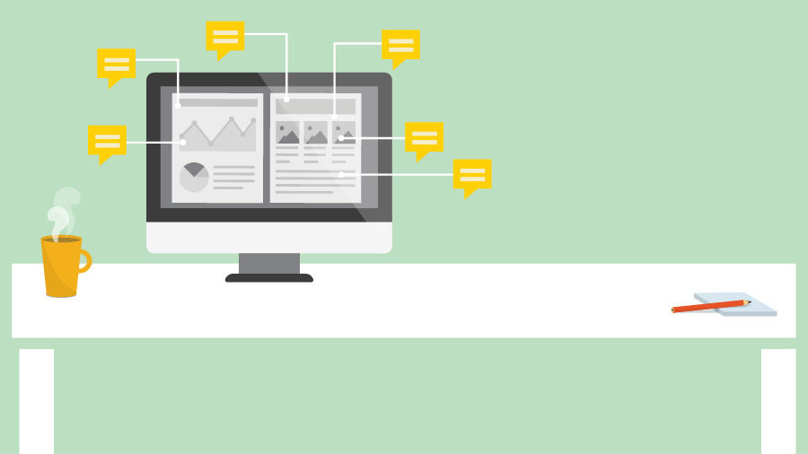 Computer with a document on screen. Comment bubbles surround the screen with arrows pointing to elements in the document.