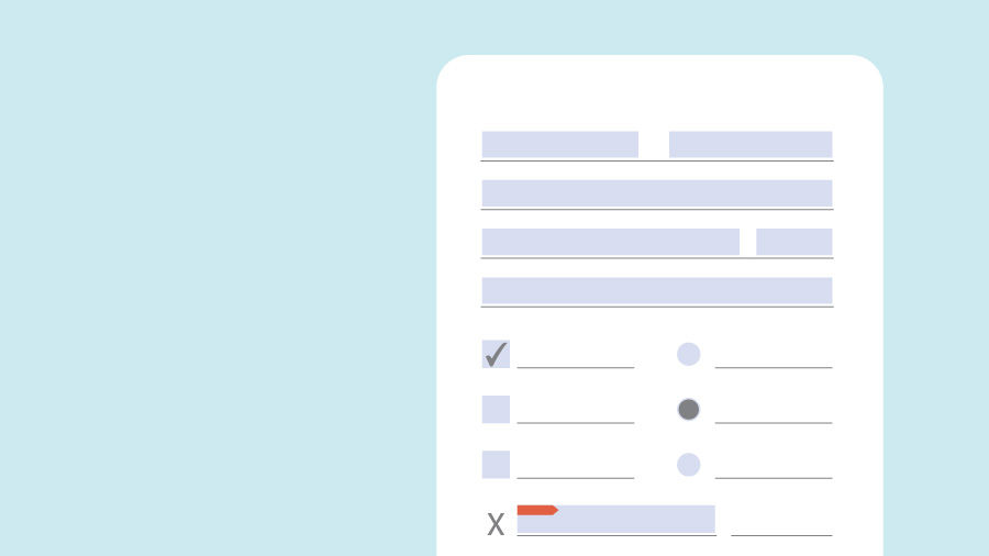 Mockup of basic form with common fields such as text fields, checkboxes, radio boxes and signature blocks