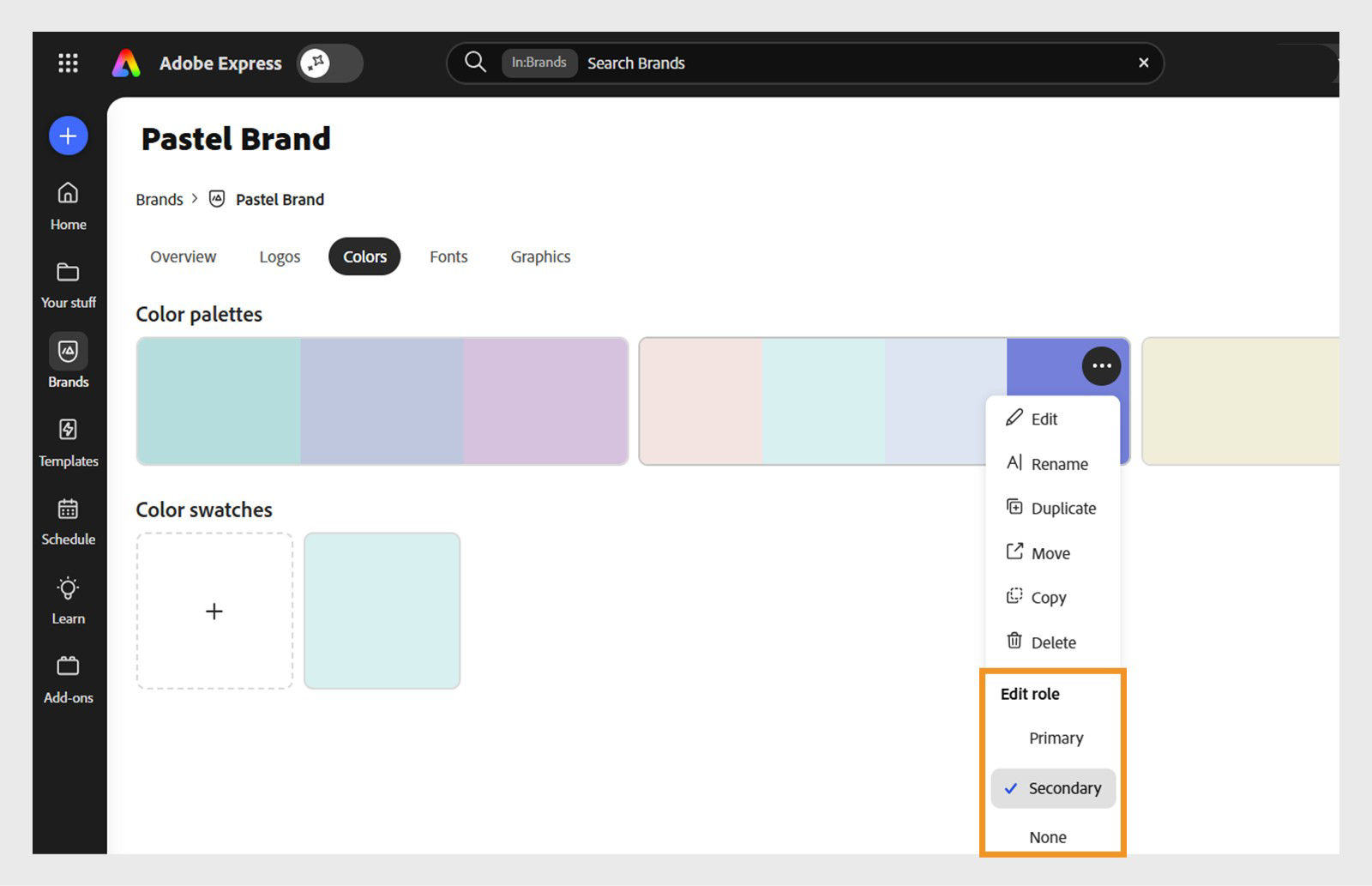 brands page is open and the on the right end of the blur color palette, there is a three dot icon. upon hovering over which, edit role options becomes available 