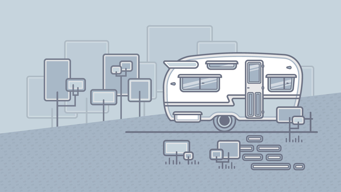 Cartoon camper parked on grass with rounded rectangle shapes used for trees and shrubs. 