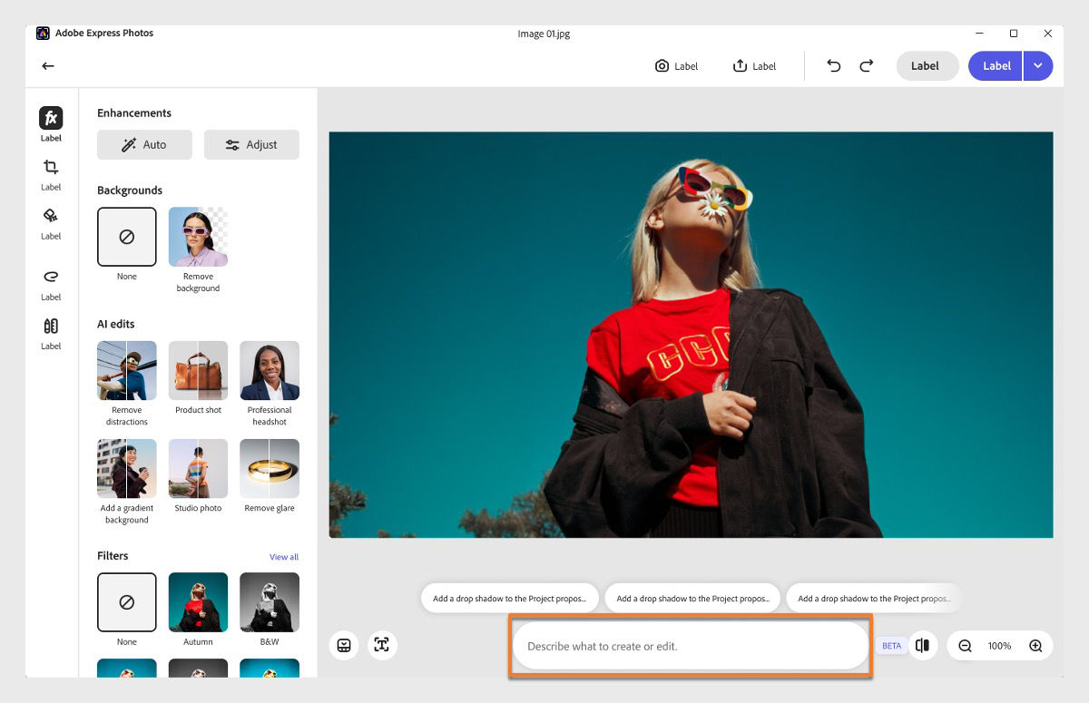 Adobe Express AI Assistant image editing workspace in dark mode. The interface displays a landscape photo in the editor canvas, with AI-powered editing suggestions and prompt options below the image. A left sidebar includes tools and editing categories such as enhancements, background removal, filters, and AI edits including product shots, professional headshots, gradient backgrounds, and studio photo effects.