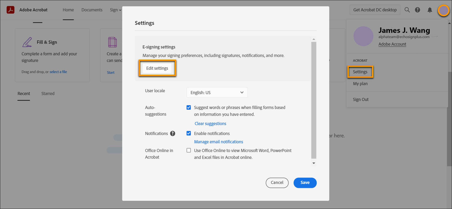 Edit settings from your profile