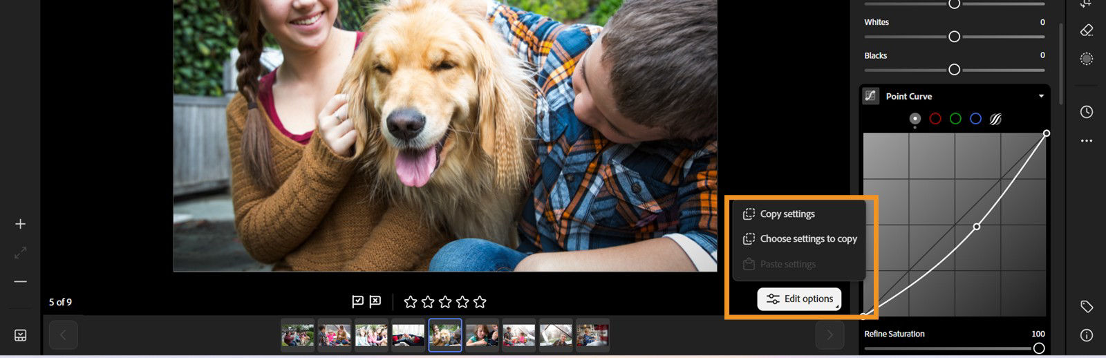 In detail view a image has been opened where Edit settings sub menu Copy settings, choose settings to copy and paste settings are highlighted.