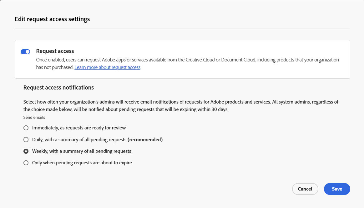 Edit product request settings screen where the frequency for new request notifications is set to Daily