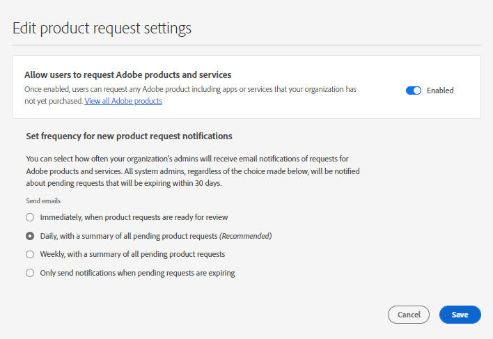 Edit product request settings screen where the frequency for new request notifications is set to Daily