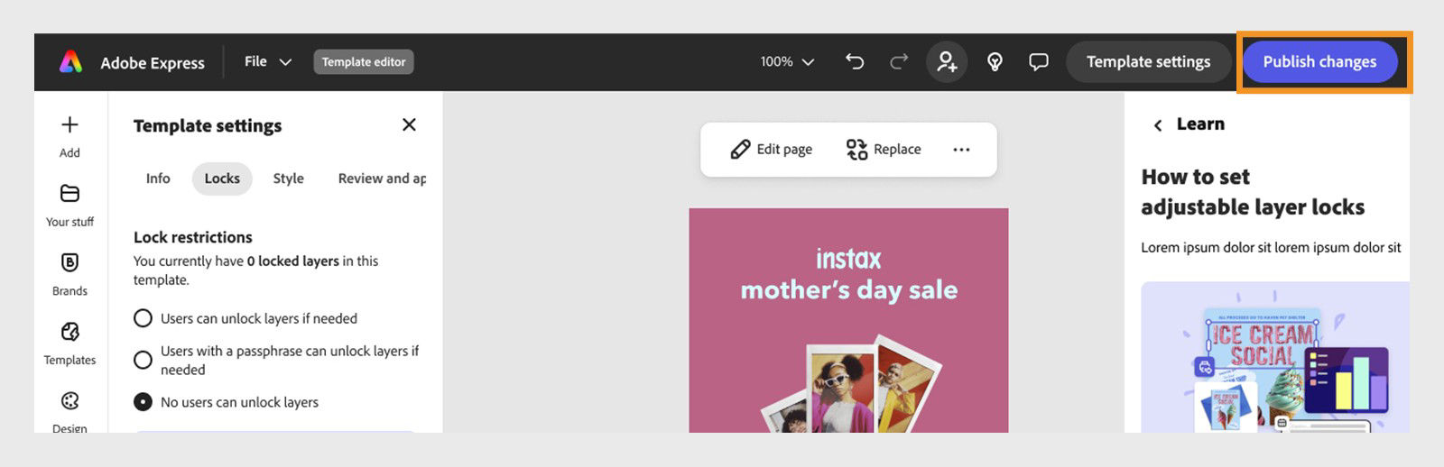 Adobe Express template editor editor showing Template settings panel on the left, a design preview in the center, and the ‘Publish changes’ button highlighted on the top-right header.