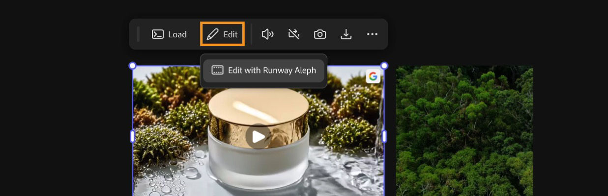 The video is selected on the canvas, and the Edit panel is open with Edit with Runway Aleph chosen.