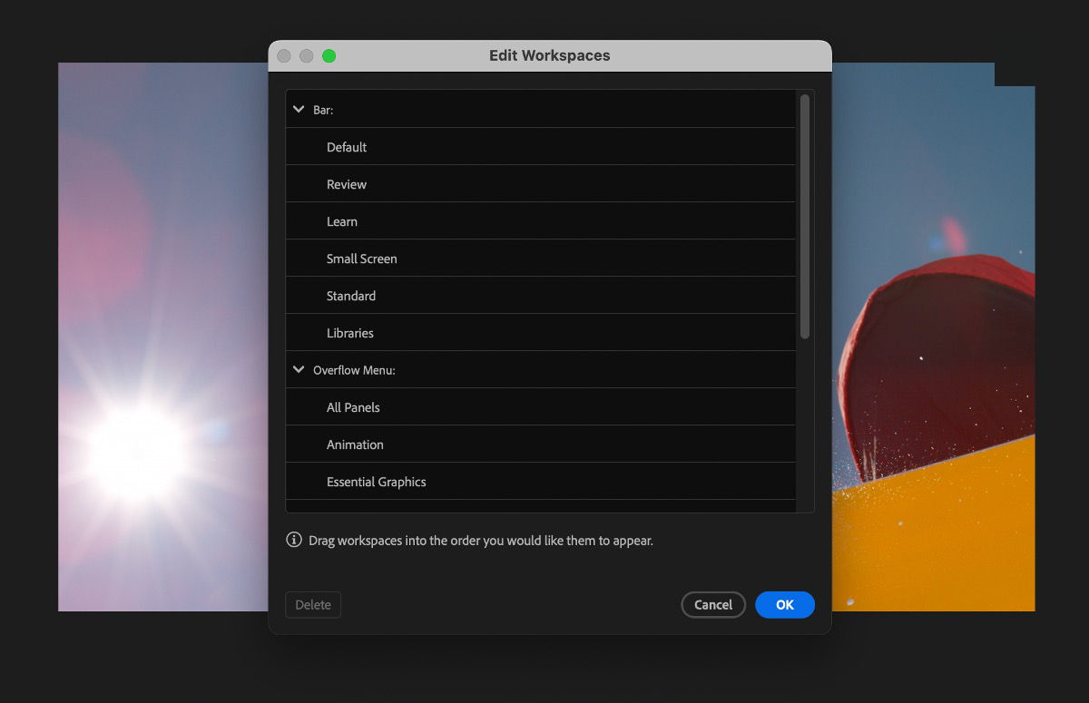 Edit Workspaces dialog lists various workspace options like Default, Review, Learn, Small Screen, Standard, Libraries, Overflow Menu, All Panels, and Animation. You can drag these workspaces to arrange them in your preferred order.