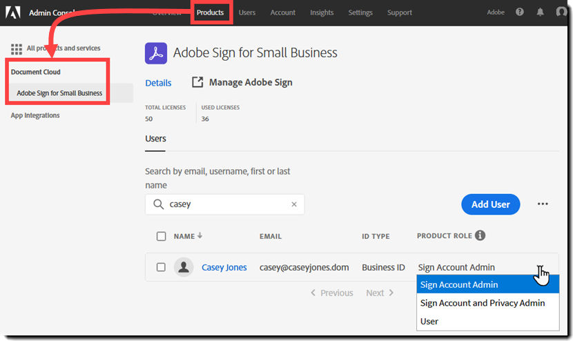Navigate to the Adobe Sign product and edit user